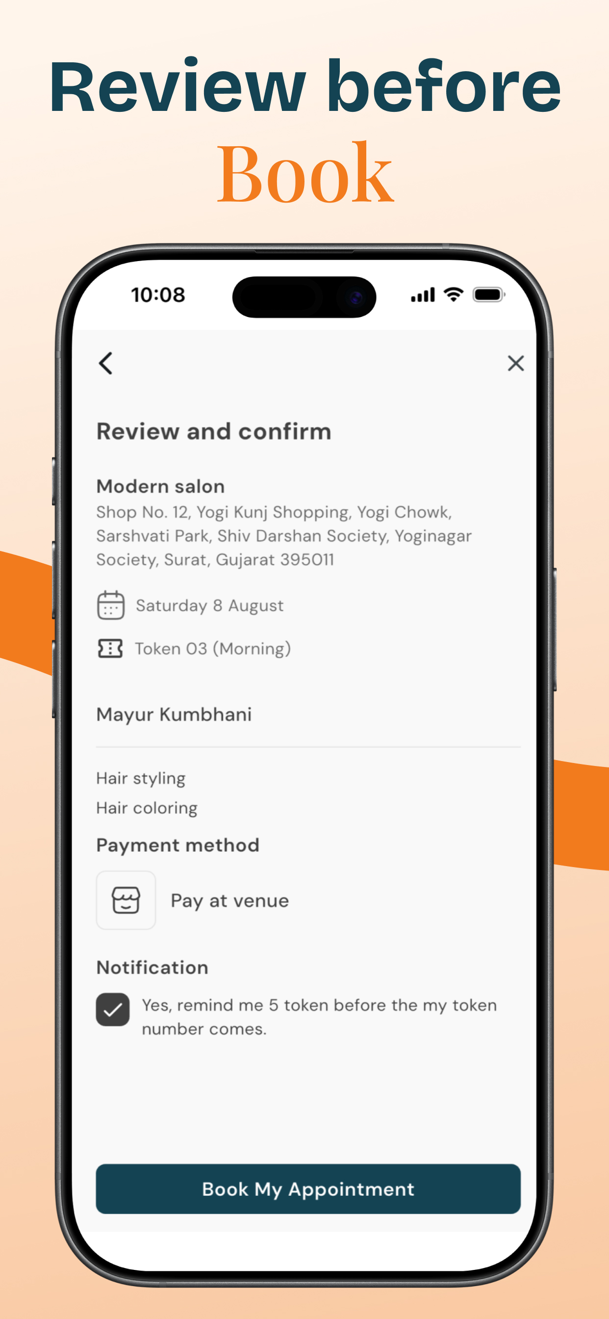 Review and confirm screen with salon details and pay at venue